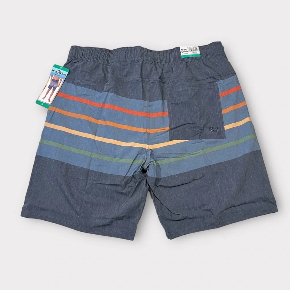 Hang Ten Mens Swim Trunks Dark Blue Striped 9 Inch Inseam XL‎ New With Tags